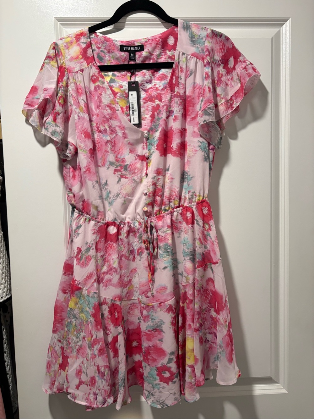 Steve Madden Pink Floral Tie-Waist Ruffle Sleeve Dress